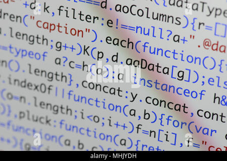 Real Java Script code developing screen. Programing workflow abstract algorithm concept. Closeup of Java Script and HTML code. Stock Photo