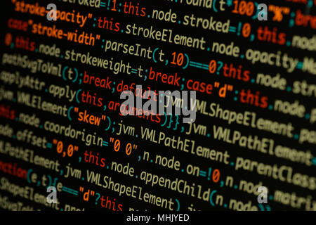 Real Java Script code developing screen. Programing workflow abstract algorithm concept. Closeup of Java Script and HTML code. Stock Photo