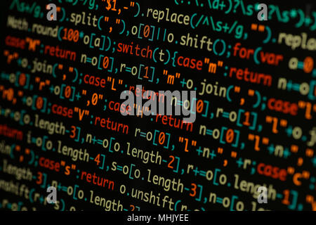 Real Java Script code developing screen. Programing workflow abstract algorithm concept. Closeup of Java Script and HTML code. Stock Photo