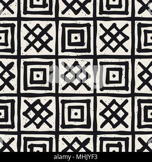 Hand drawn style ethnic seamless pattern. Abstract grungy geometric shapes background in black and white. Stock Vector