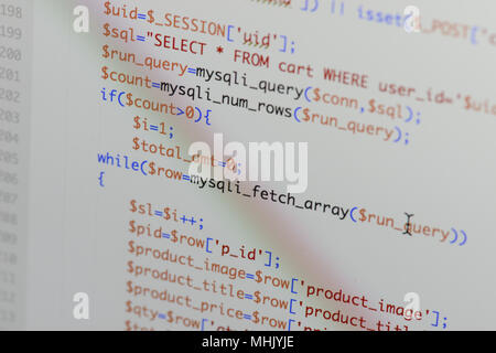 Real Php code developing screen. Programing workflow abstract algorithm concept. Lines of Php code visible. Stock Photo