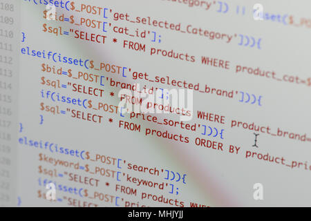 Real Php code developing screen. Programing workflow abstract algorithm concept. Lines of Php code visible. Stock Photo