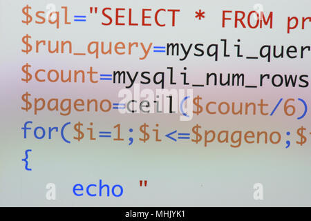 Real Php code developing screen. Programing workflow abstract algorithm concept. Lines of Php code visible. Stock Photo