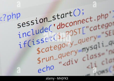 Real Php code developing screen. Programing workflow abstract algorithm concept. Lines of Php code visible. Stock Photo