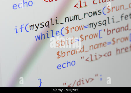 Real Php code developing screen. Programing workflow abstract algorithm concept. Lines of Php code visible. Stock Photo