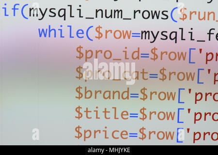 Real Php code developing screen. Programing workflow abstract algorithm concept. Lines of Php code visible. Stock Photo