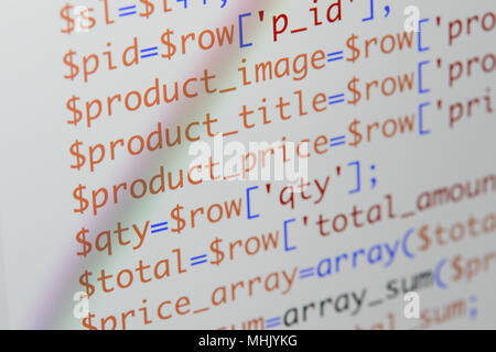 Real Php code developing screen. Programing workflow abstract algorithm concept. Lines of Php code visible. Stock Photo
