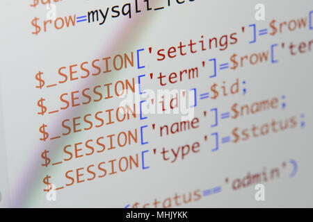 Real Php code developing screen. Programing workflow abstract algorithm concept. Lines of Php code visible. Stock Photo