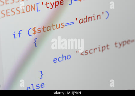 Real Php code developing screen. Programing workflow abstract algorithm concept. Lines of Php code visible. Stock Photo