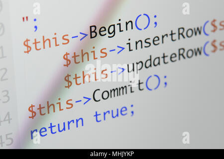 Real Php code developing screen. Programing workflow abstract algorithm concept. Lines of Php code visible. Stock Photo