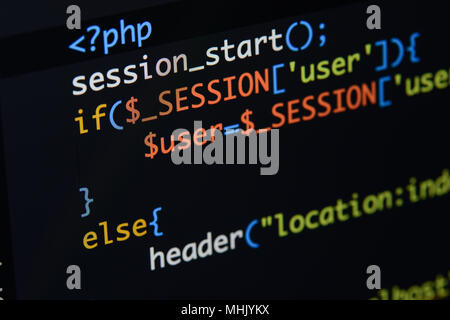 Real Php code developing screen. Programing workflow abstract algorithm concept. Lines of Php code visible. Stock Photo