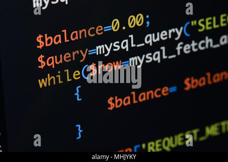 Real Php code developing screen. Programing workflow abstract algorithm concept. Lines of Php code visible. Stock Photo