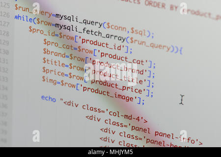Real Php code developing screen. Programing workflow abstract algorithm concept. Lines of Php code visible. Stock Photo