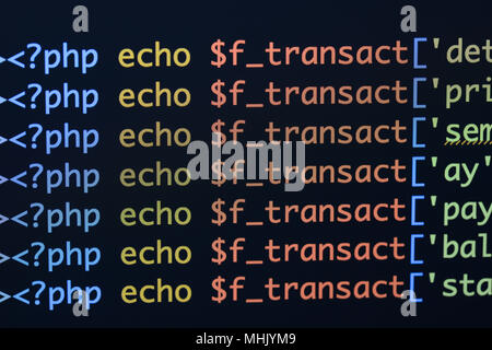 Real Php code developing screen. Programing workflow abstract algorithm concept. Lines of Php code visible. Stock Photo