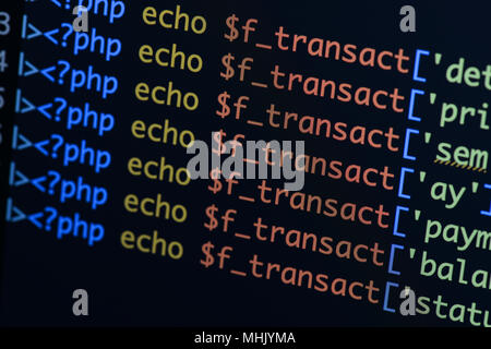 Real Php code developing screen. Programing workflow abstract algorithm concept. Lines of Php code visible. Stock Photo