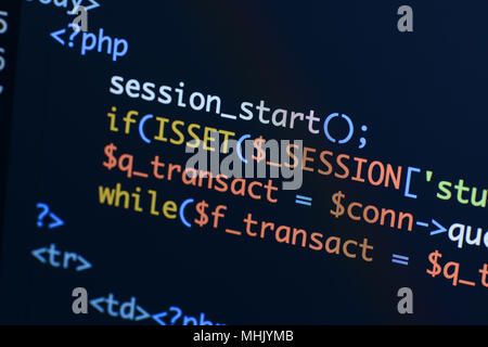 Real Php code developing screen. Programing workflow abstract algorithm concept. Lines of Php code visible. Stock Photo