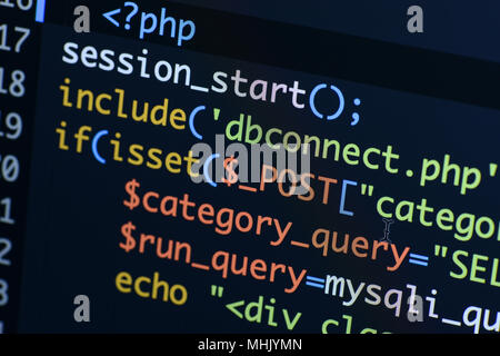 Real Php code developing screen. Programing workflow abstract algorithm concept. Lines of Php code visible. Stock Photo
