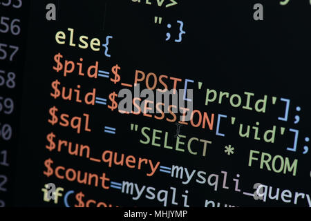 Real Php code developing screen. Programing workflow abstract algorithm concept. Lines of Php code visible. Stock Photo