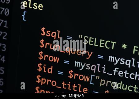 Real Php code developing screen. Programing workflow abstract algorithm concept. Lines of Php code visible. Stock Photo
