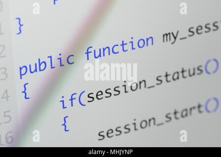 Real Php code developing screen. Programing workflow abstract algorithm concept. Lines of Php code visible. Stock Photo