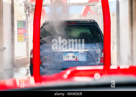 View through auto windshield; automobile in automated car wash Stock Photo