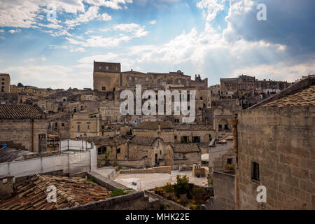 Matera (Italy), September 2017. Panoramic view of the part of the ancient town called 'Sasso Caveoso' Landscape format. Stock Photo