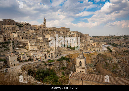 Matera (Italy), September 2017. Panoramic view of the ancient town called 'Sassi di Matera'. Landscape format. Stock Photo