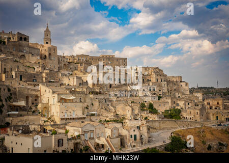 Matera (Italy), September 2017. Panoramic view of the Sasso Caveoso from the Church of San Pietro Caveoso. Landscape format. Stock Photo