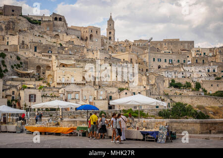 Matera (Italy), September 2017. Panoramic view of the Sasso Caveoso from the Church of San Pietro Caveoso. Landscape format. Stock Photo