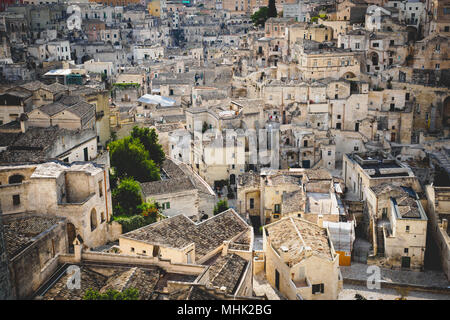 Matera (Italy), September 2017. Panoramic view of the Sasso Barisano from the Square of the Cathedral. Landscape format. Stock Photo