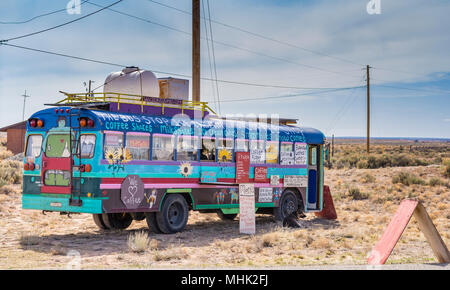 Solar ice cream bus, food truck, parked in the New Mexico desert near the Rio Grande Gorge Bridge Taos, New Mexico, USA. Stock Photo