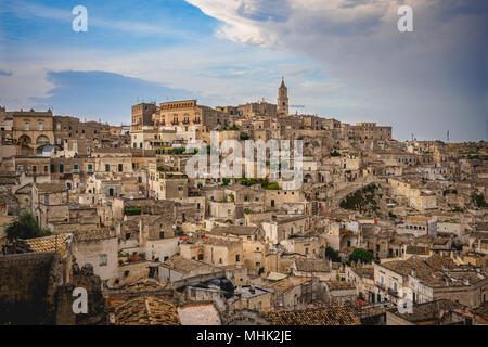 Matera (Italy), September 2017. Panoramic view of the Sasso Caveoso from the Belvedere. Landscape format. Stock Photo