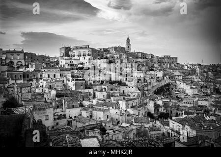 Matera (Italy), September 2017. Panoramic view of the Sasso Caveoso from the Belvedere. Landscape format. Stock Photo