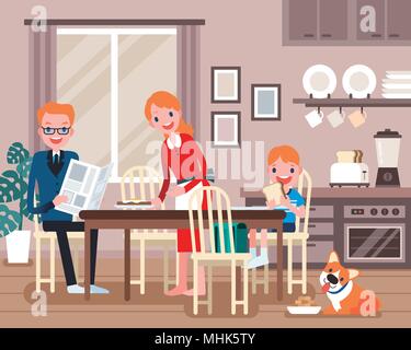 Lovely family characters, family having breakfast together in flat design Stock Vector