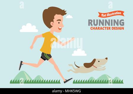 Running young man with his dog in flat design Stock Vector