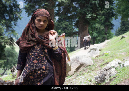 Jammu and Kashmir, India 2012. Portrait of woman walking along mountain path Stock Photo