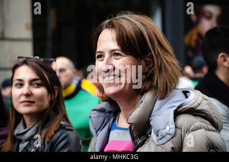 Barcelona, Catalonia, Spain. 1st May, 2018. Elisenda Paluzie, president of the sovereignist entity ANC is seen during the independence demonstration for the Republic and Social Rights. The Catalan independence movement has joined the May Day demonstrations, workers' day. Under the slogan For the Republic and social rights, hundreds of people have demonstrated in the center of Barcelona. Credit: Paco Freire/SOPA Images/ZUMA Wire/Alamy Live News Stock Photo