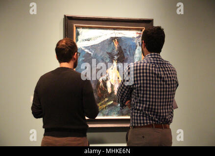 01 May 2018, US, New York: Visitors looking at the work 'Hanging Turkey' in the exhibition 'Chaim Soutine: Flesh' in the Jewish Museum. The total of 32 paintings are works by Russo-French painter Chaim Soutine (1893-1943) and depict, among other things, dead pheasants, oxen, chickens and turkeys. Photo: Christina Horsten/dpa Stock Photo