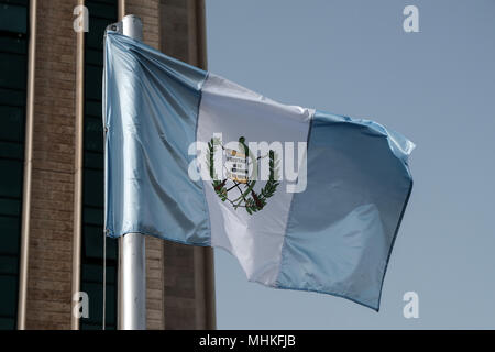 Jerusalem, Israel. 2nd May, 2018. Guatemala's flag flies at the entrance to the Malcha Technology Park as the country moves its embassy in Israel. The official dedication ceremony is planned to take place on May 16, following the U.S. relocation of its embassy from Tel Aviv to Jerusalem. Guatemala is the first of several nations considering the move following Trump's announcement on the recognition of Jerusalem as Israel's capital. Credit: Nir Alon/Alamy Live News Stock Photo