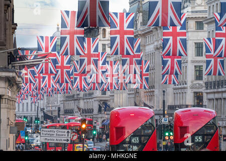 London, UK. 1st May 2018. Union Jack flags on display in Regent Street in London in preparation for the royal wedding of Prince Harry and Meghan Markel on May 19. Photo date: Tuesday, May 1, 2018. Photo: Roger Garfield/Alamy Live News Stock Photo