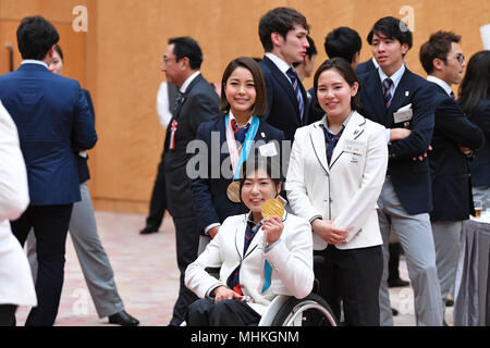 Sara Takanashi, Anmi Hondo, Momoka Muraoka, Japanese Delegation for PyeongChang 2018 Olympic and Paralympic attend the convivial party after the testimonial presentation ceremony at Prime Minister's official residence in Tokyo, Japan on April 26, 2018. (Photo by MATSUO.K/AFLO SPORT) Stock Photo