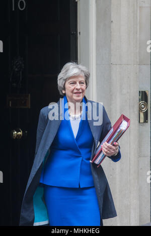 London UK. 2nd May 2018. British Prime Minister Theresa May leaves No 10 Downing Street for the weekly PMQ at Parliament as she faces a possible rebellion from 60 Eurosceptic MP's from her own Conservative party over Britain's negotiations on a Customs Union partnership with the European Union Credit: amer ghazzal/Alamy Live News Stock Photo
