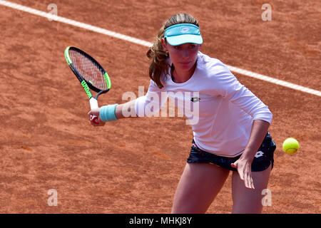 Prague, Czech Republic. 02nd May, 2018. Russian tennis player Ekaterina Alexandrova in action against Czech Katerina Siniakova during the J&T Bank Prague Open tennis tournament in Prague, Czech Republic, on May 2, 2018. Credit: Roman Vondrous/CTK Photo/Alamy Live News Stock Photo