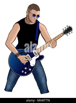Guitar player with blue electric guitar - vector illustration Stock Vector