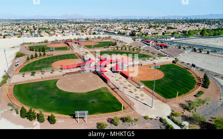 Aerial drone photography of a recreational baseball field with six parks. Stock Photo