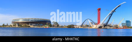 Matagarup Bridge under construction beside Optus Stadium. Stock Photo