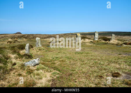 Boskednan Stone Circle, also known as Nine Maidens sits in the Ceremonial landscape of West Penwith is close to Men an Tol, and Carn Galva Stock Photo