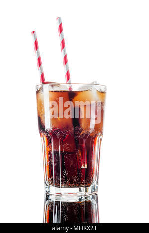 Cola in glass with straw and ice cubes isolated on white background Stock Photo