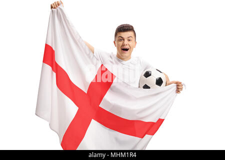 Overjoyed teenage soccer fan holding a football and an English flag isolated on white background Stock Photo