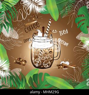 vector template of  iced coffee in mason jar decorated with whipped cream and cinnamon sticks in tropical leaves frame Stock Vector